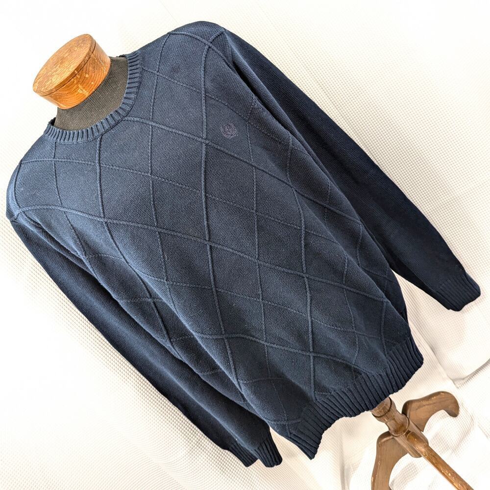 IZOD! DEEPEST NAVY BLUE HEAVYWEIGHT DIAMOND KNIT FRONT CREW SWEATER! SZ XL